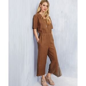 Eileen Fisher Boho Tencel & Organic Linen Wide Leg Short Sleeve Jumpsuit M Brown